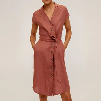 

Linen Mini Dress Women Za 2020 Batwing Sleeve Fitted Waist Adjustable Belt Front Button Dress Side Pocket Summer Dresses