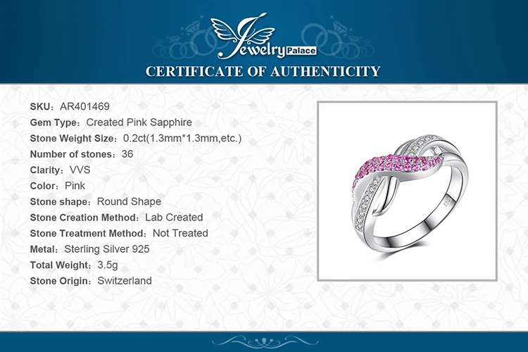 JewelryPalace Infinity Created Pink Sapphire Ring 925 Sterling Silver Rings for Women Promise Ring Silver 925 Gemstones Jewelry