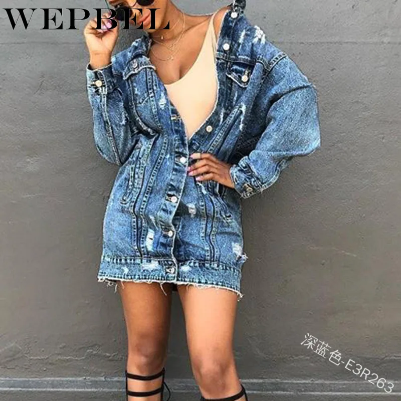 

WEPBEL Autumn Vintage Hole Long Sleeve Single Breasted Turn-down Collar Slim-Fit Jacket Women's Casual Patchwork Denim Jacket