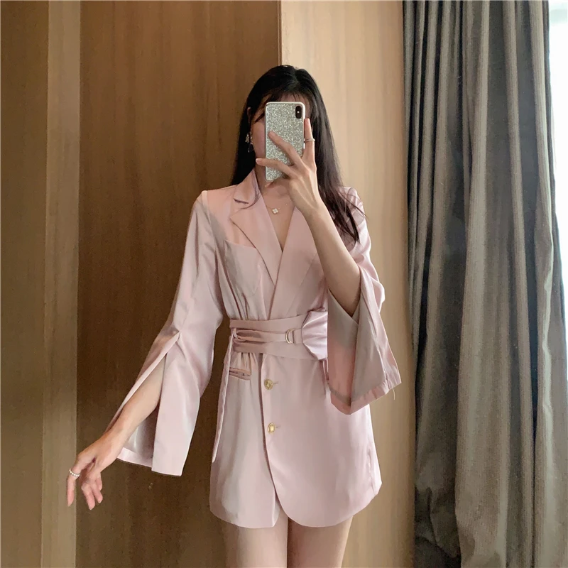

Women's Dress 2020 Spring and Summer New Lace-up Waist Small Suit Collar Dress Business Woman Slim Dresses White Pink