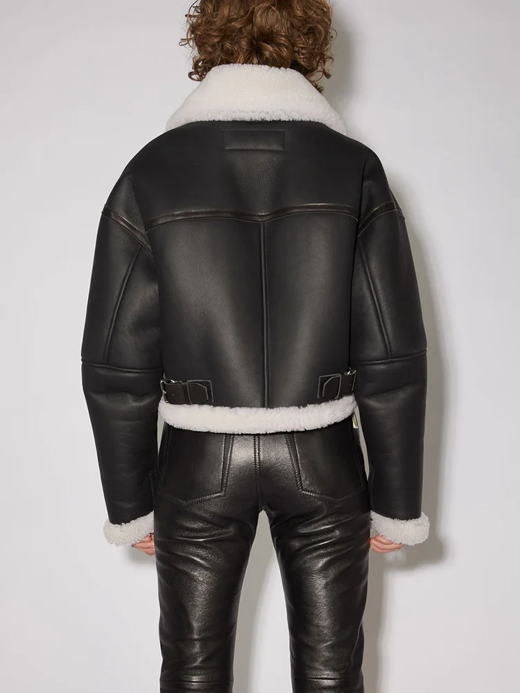 CHICEVER Patchwork Pu Jackets For Women Loose Fur Lapel Long Sleeve Thick Short Tops Casual Plus Size Coats Female 2021 Winter