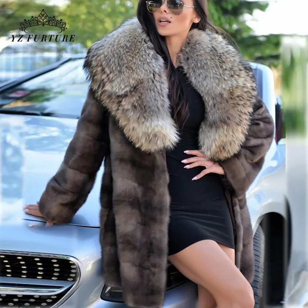 New Winter Real Mink Fur Coats Jacket With Big collar Women Genuine Full Pelt Winter Warm Elegant Female Coats
