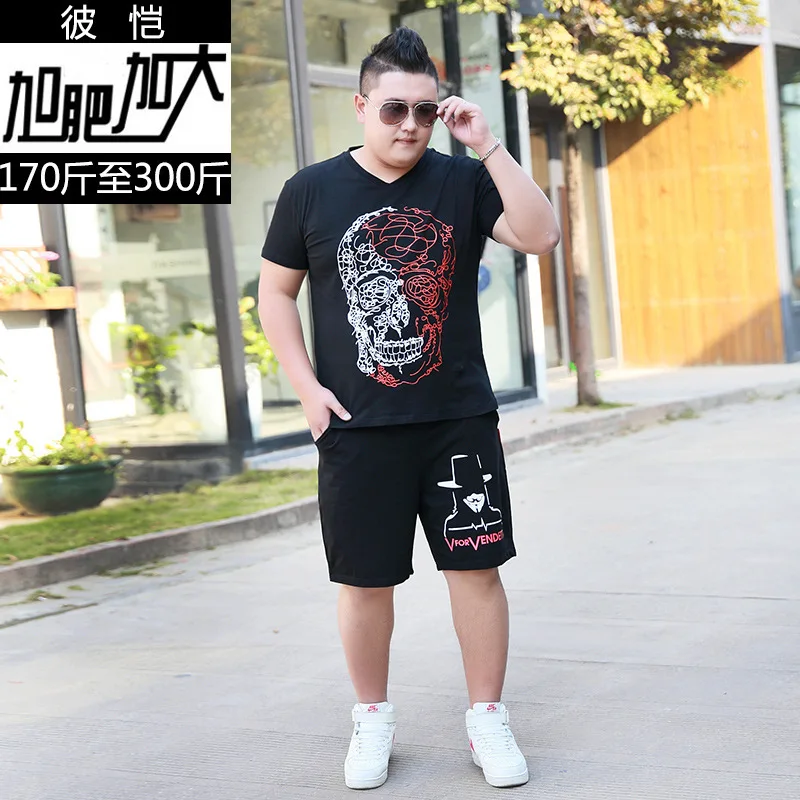 

Bikai Big Code Youth Loose Plus Fat Increase Code Evil Engage Pattern Printing Short Sleeve T Shirt Elastic Shorts Suit Male