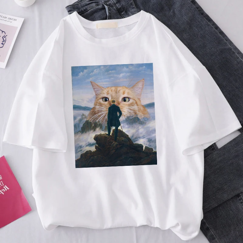 

Fat cat summer art Van Gogh print large size casual cartoon tops tees short sleeve female Vintage new fun loose Harajuku T-shirt