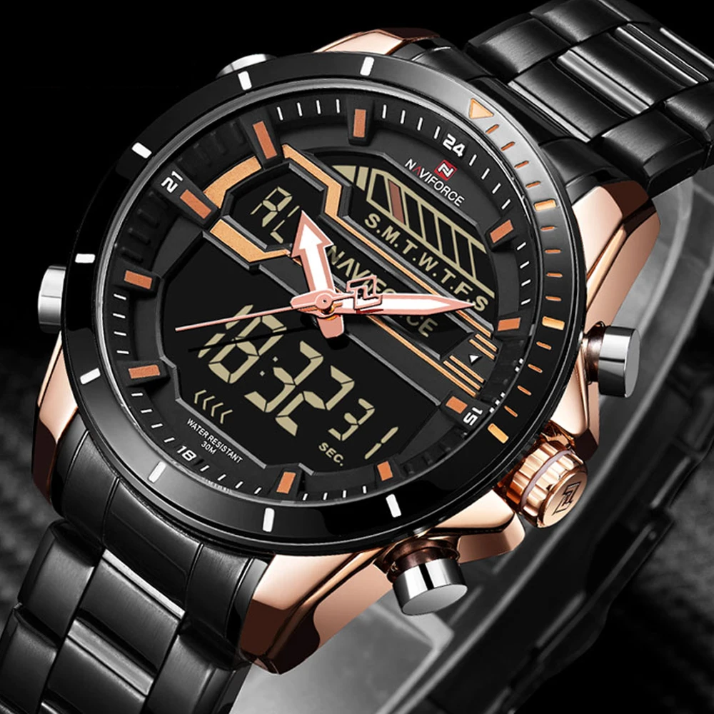 

NAVIFORCE Luxury Brand Men Sport Watch Full Steel Quartz LED Dual Display Male Clock Army Military Waterproof Wristwatch