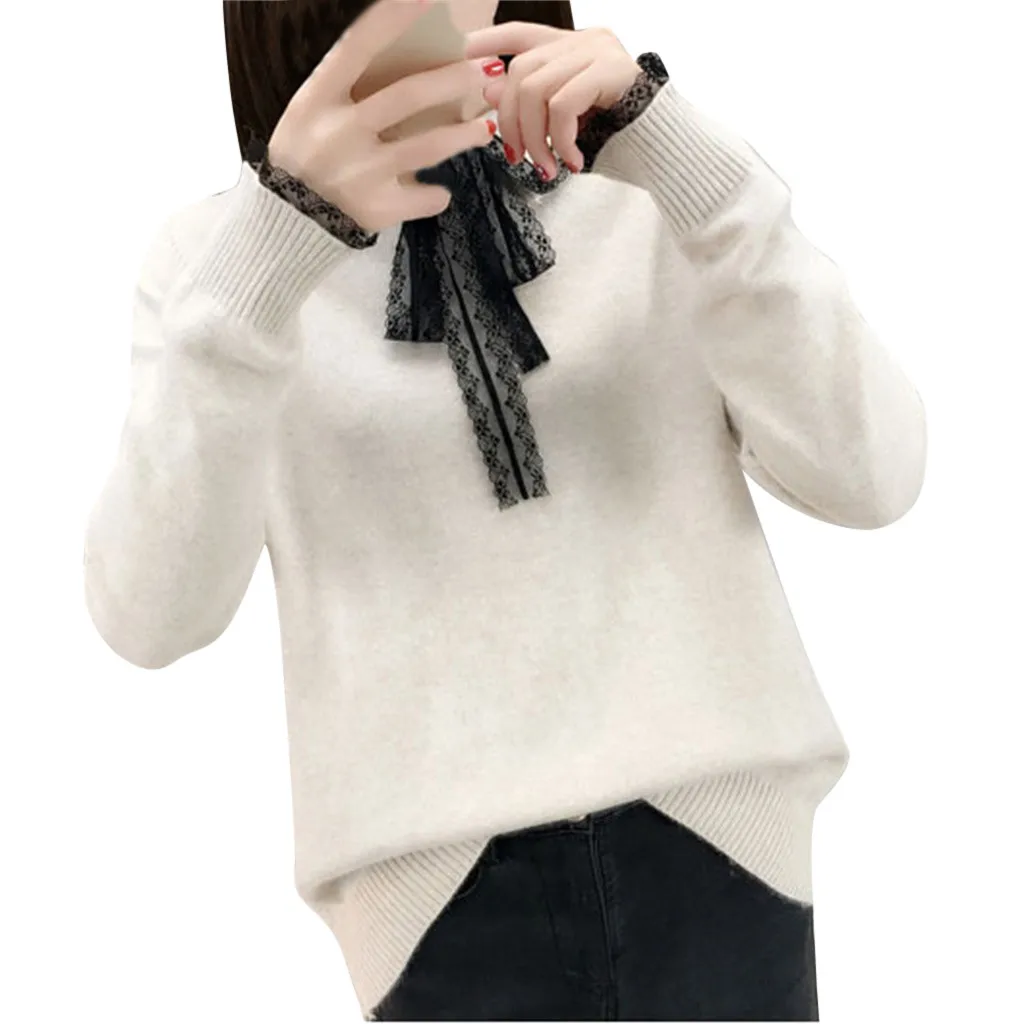 Модная кружевная вязанная блузка с галстуком-бабочкой, свитер, повседневный зимний женский однотонный топ, женская рубашка с длинным рукавом, блуза, пуловер