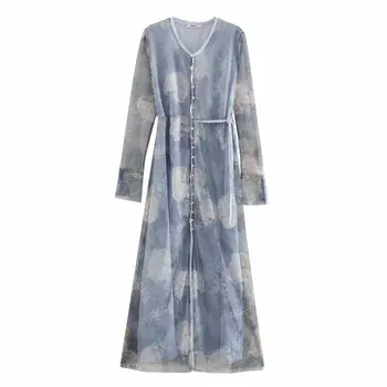 

New 2020 Women vintage ink painting mesh patchwork long Dress ladies o neck long sleeve casual slim Vestidos Chic Dresses DS3747
