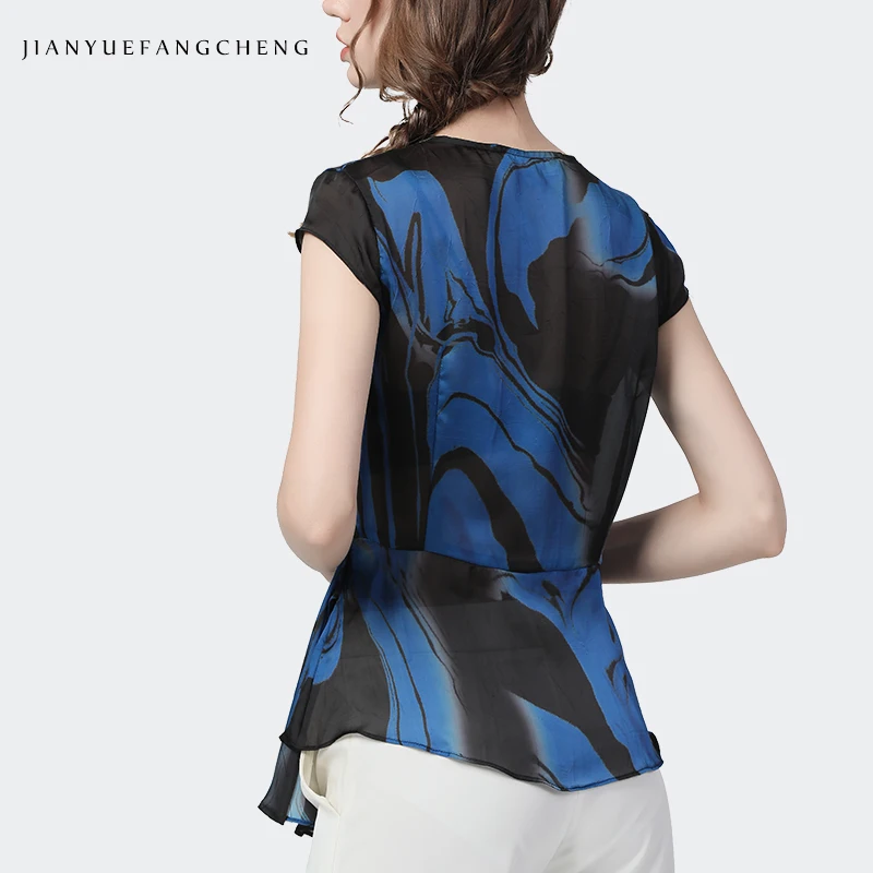 Sexy deep V-Neck thin chiffon shirt female waist bandage feminine blue printed blouses short-sleeved temperament summer new tops 3