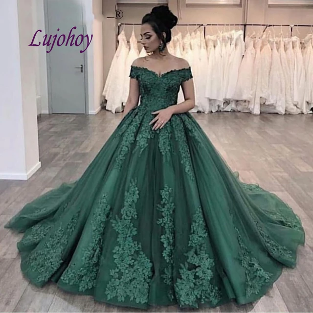 Emerald Green Lace Wedding Dresses Plus Size Ball Gown Bridal