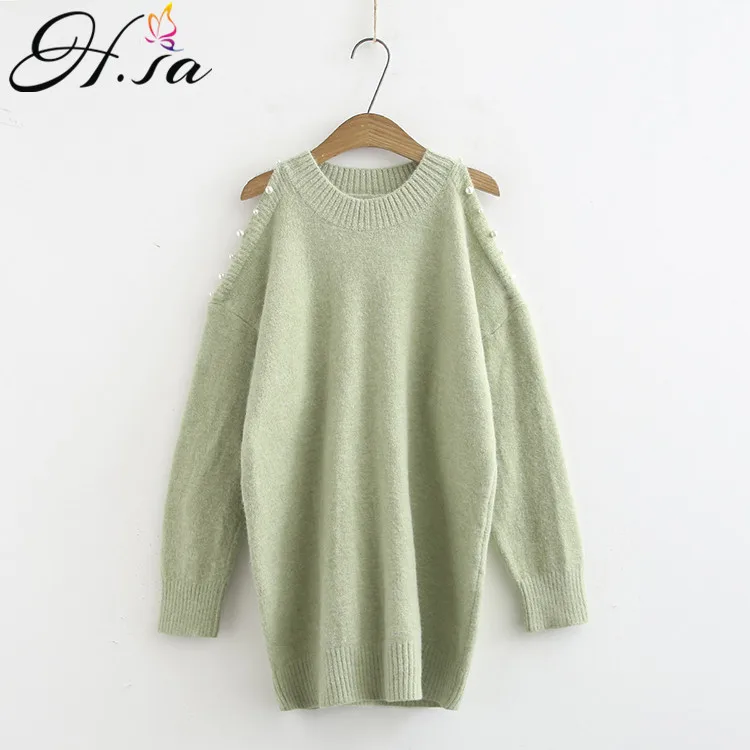 

H.SA 2019 Winter Sweater Dress Oneck Off the Shoulder Pink Pull Jumpers Oversized Sexy Pearl Beading Knit Long Sweater Mujer