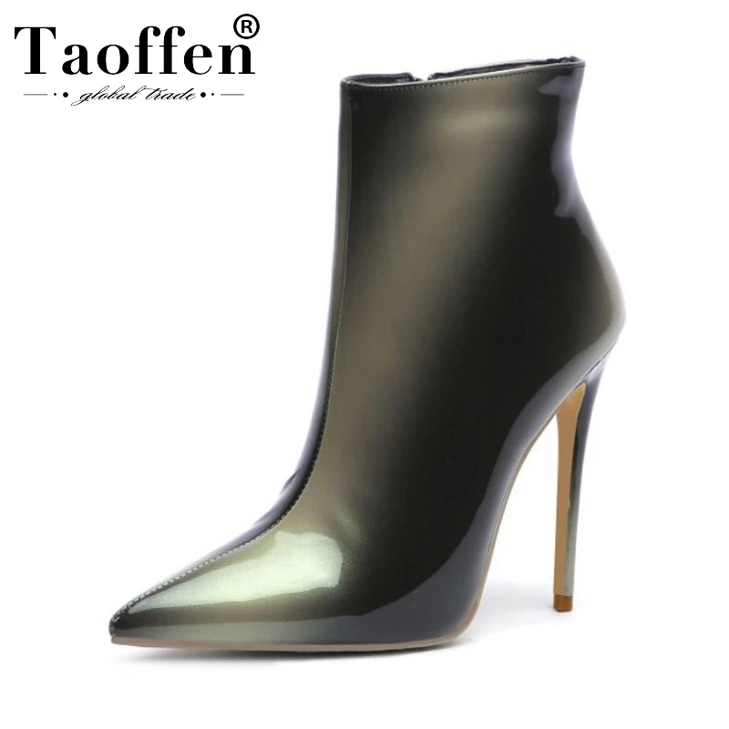 

TAOFFEN Plus Size 34-45 Ladies Mixed Color Winter Ankle Boots Super High Stiletto Boots Pointed Toe Side Zipper Footwear