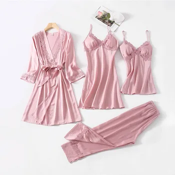 

Casual 4PCS Pajamas Set Female Nightwear Sleepwear Satin Kimono Bathrobe Gown Pyjamas Spring New Intimate Lingerie Home Clothes