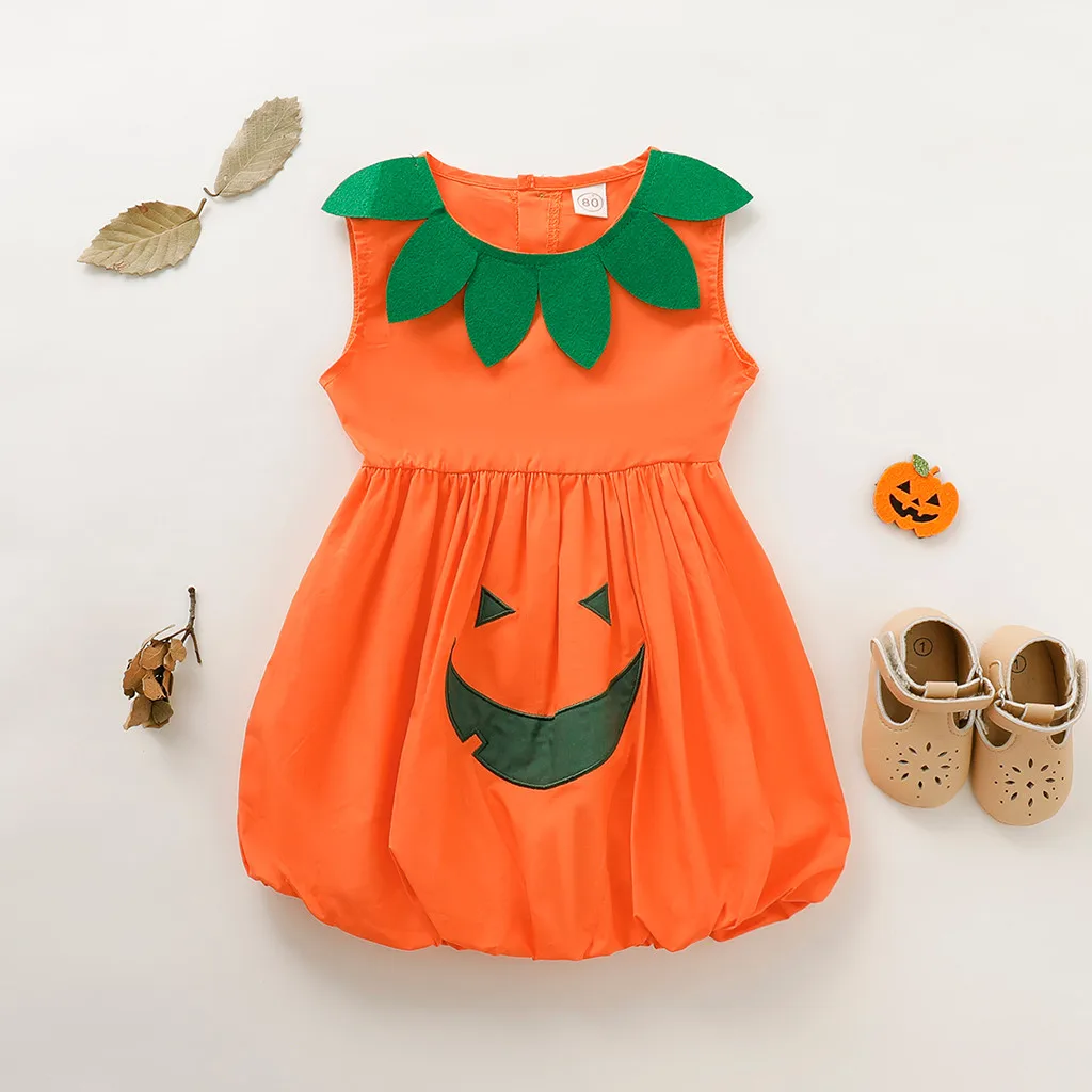 

2019 Toddler Baby Girls Sleeveless Halloween Cartoon Pumpkin Print Dress Clothes Girls party Dress Kids costume vestido menina
