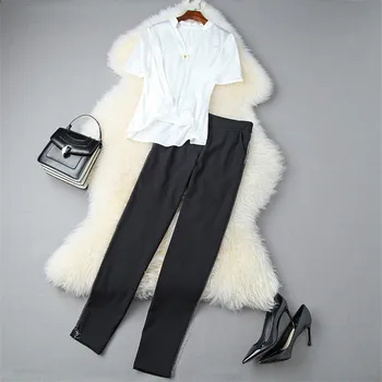 

New 2020 Elegant Summer Pants 2 Piece Set Women Fashion Designers Beading Black Chiffon Shirt and Pants Suit Matching Set
