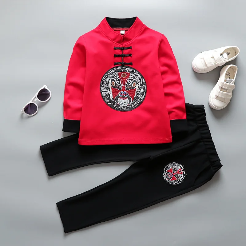 Осенний комплект для мальчиков в китайском стиле с вышитыми Чонсам с драконами Hanfu, комплект из 2 предметов: красные, черные штаны с длинными рукавами k1