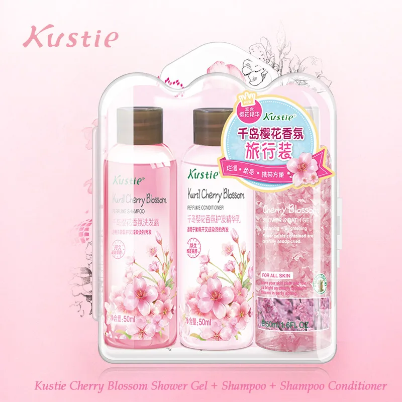 

Kustie Cherry Blossom Bath Set Shower Gel 50ml + Shampoo 50ml + Conditioner 50ml Flower Essence Cleansing Balancing Travel Set