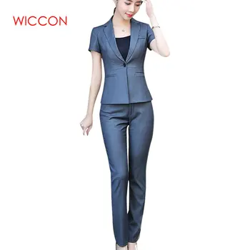 

New Fashion Women Pant Suit Two Piece Set Short Sleeve Top And Pant For Summer Office Ladies Uniform Work Wear Single Button