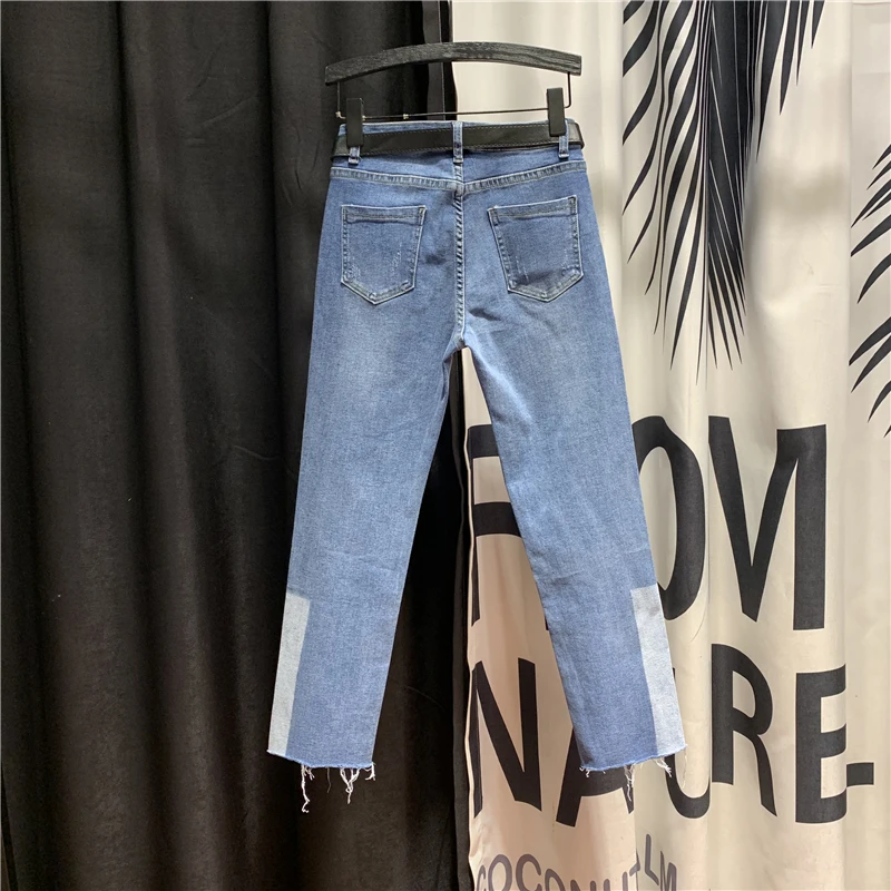 

High-Waist Straight Jeans Woman Fashion Spell Color Jeans Women's 2020 Spring New Slim-Fit Fur Trim Blue Denim Pants Jean Femme