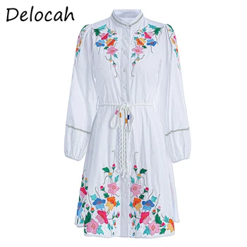 

Delocah Autumn Fashion Women Designer Party Short Dress Embroidery Bow Sashes Lantern Sleeve Elegant Ladies A-Line Dresses 2020