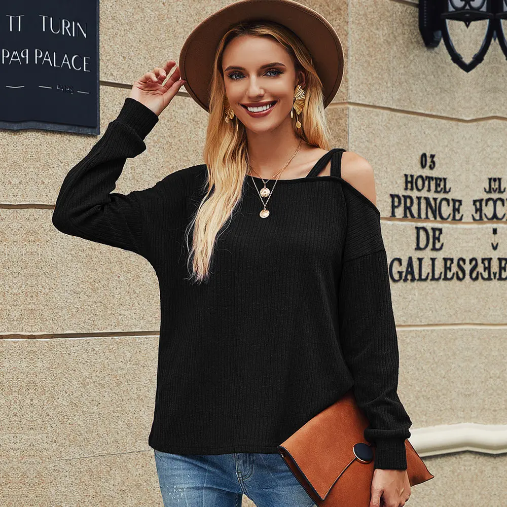 

Long sleeve off shoulder T-shirt, ladies' t-shirt, work, One word collar, long-sleeved, feminine, top, Women's top, casual