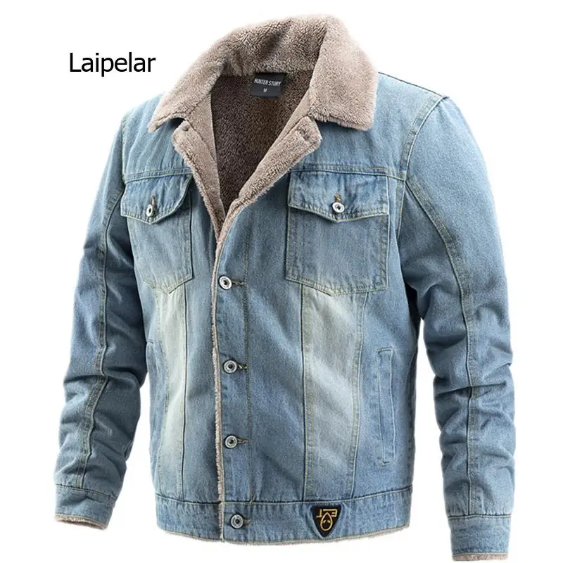 Thick Velvet Denim Jacket Men Casual Cotton Lapel Jacket with Fur Collar Warm Winter Coats