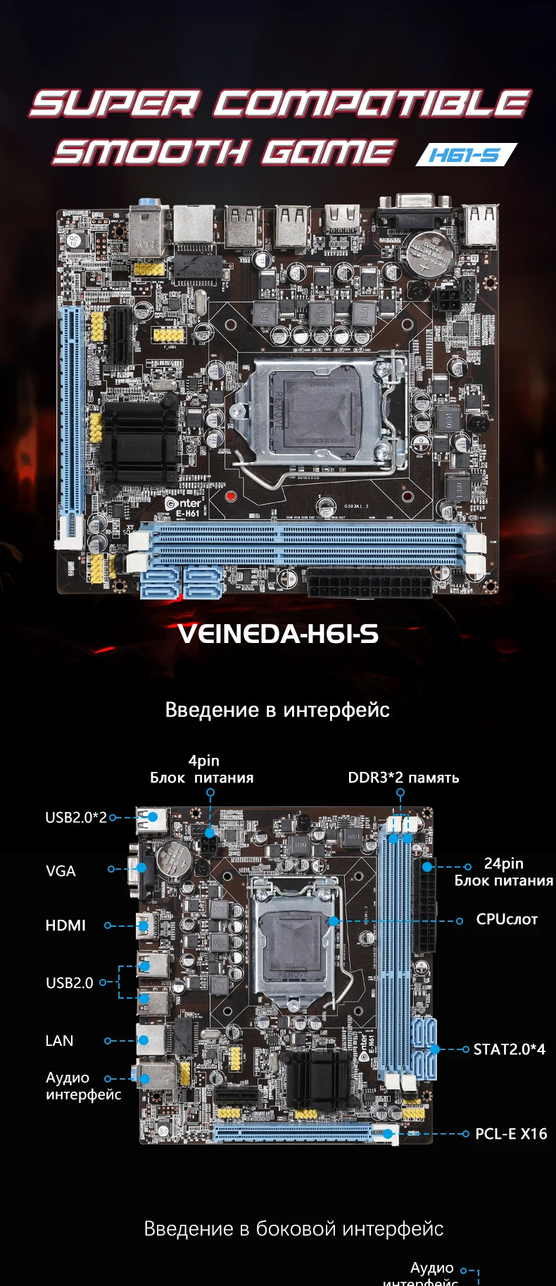 VEINEDA LGA 1155 настольная материнская плата H61-S Чипсет Intel ddr3 двойной Usb 2,0 LGA 775 H61 материнская плата Intel Core i3 i5 i7