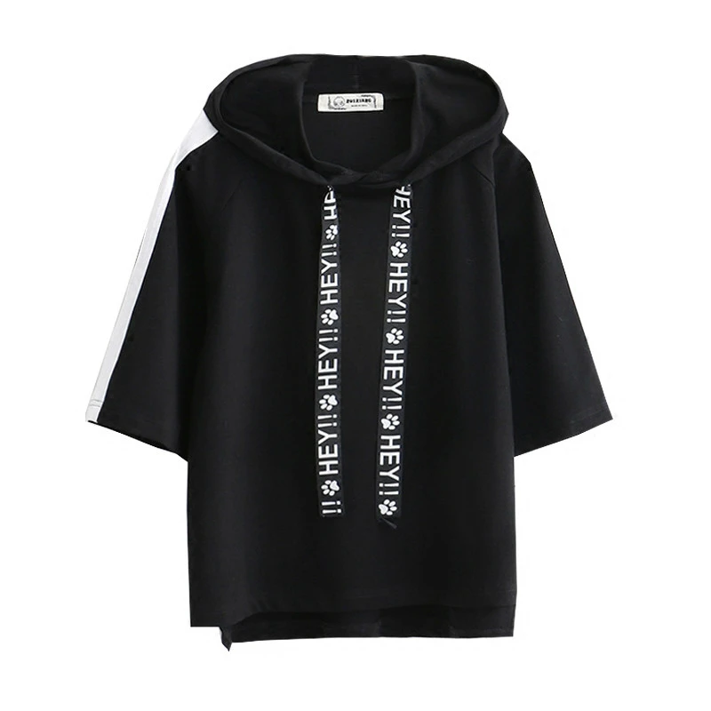 Merry Pretty t shirt women black hooded t-shirt harajuku casual drawstring solid short sleeve cotton top streetwear bbf tshirts | Женская