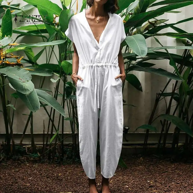 ZANZEA 2020 Fashion Button Overalls Women's Summer Jumpsuits Short Sleeve Drawstring Rompers Female High Waist Pants Oversized 7 ZANZEA 2020 Fashion Button Overalls Women's Summer Jumpsuits Short Sleeve Drawstring Rompers Female High Waist Pants Oversized 7