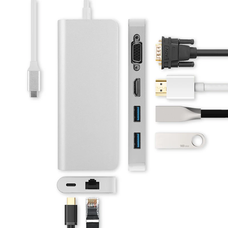 Ajiuyu USB C концентратор адаптер док-станция type-c Thunderblt 3 мульти порт конвертер HDMI VGA RJ45 USB-C USB 3,0 PD сплиттер аксессуары карта - Color: 6 in 1 VGA and HDMI