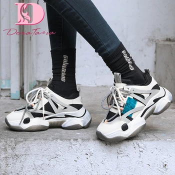 

DoraTasia New Ladies Genuine Leather Sneakers Autumn Round Toe Cross Tied Mixed Colors Flats Women 2020 Casual Shoes Woman