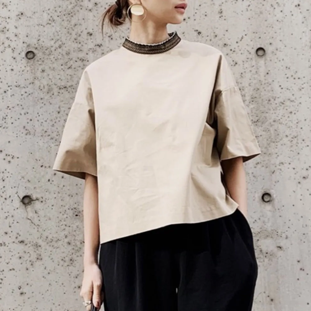 

Loose Shirts Women Casual Tops Korean Japanese 2020 Summer Short Sleeve Stand Collar Female Tees Blouse Tops Lady