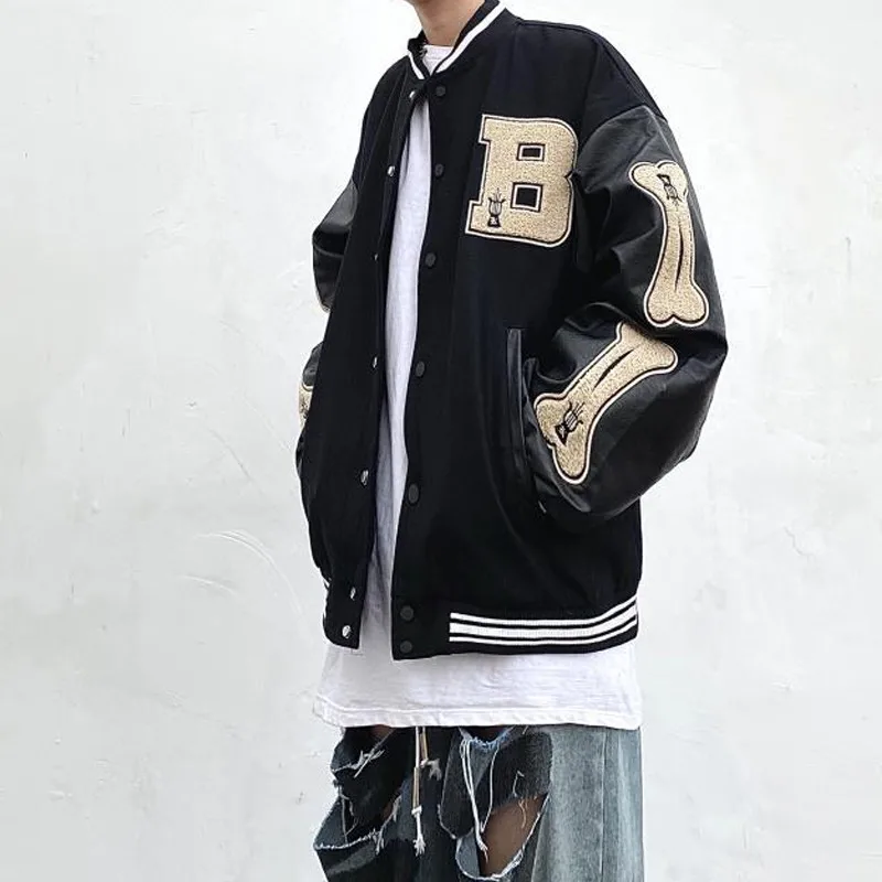 Men Baseball Jacket Hip Hop Harajuku Embroidery Bone Letter Patchwork Bomber Coat Fashion High Street Casual Loose Jacket Unisex