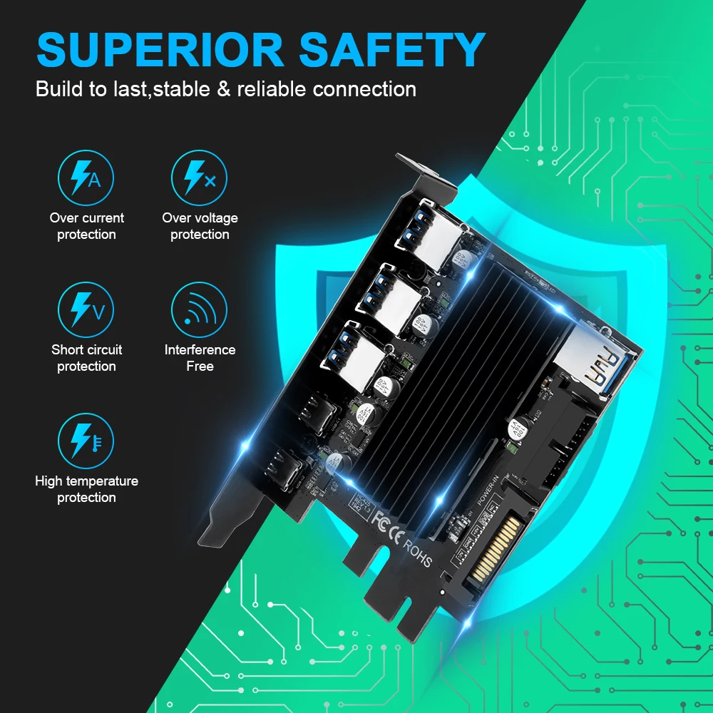  Tarjeta de expansión Rocketek USB 30 tipo c PCI-E adaptador de 5 puertos controlador externo Expres