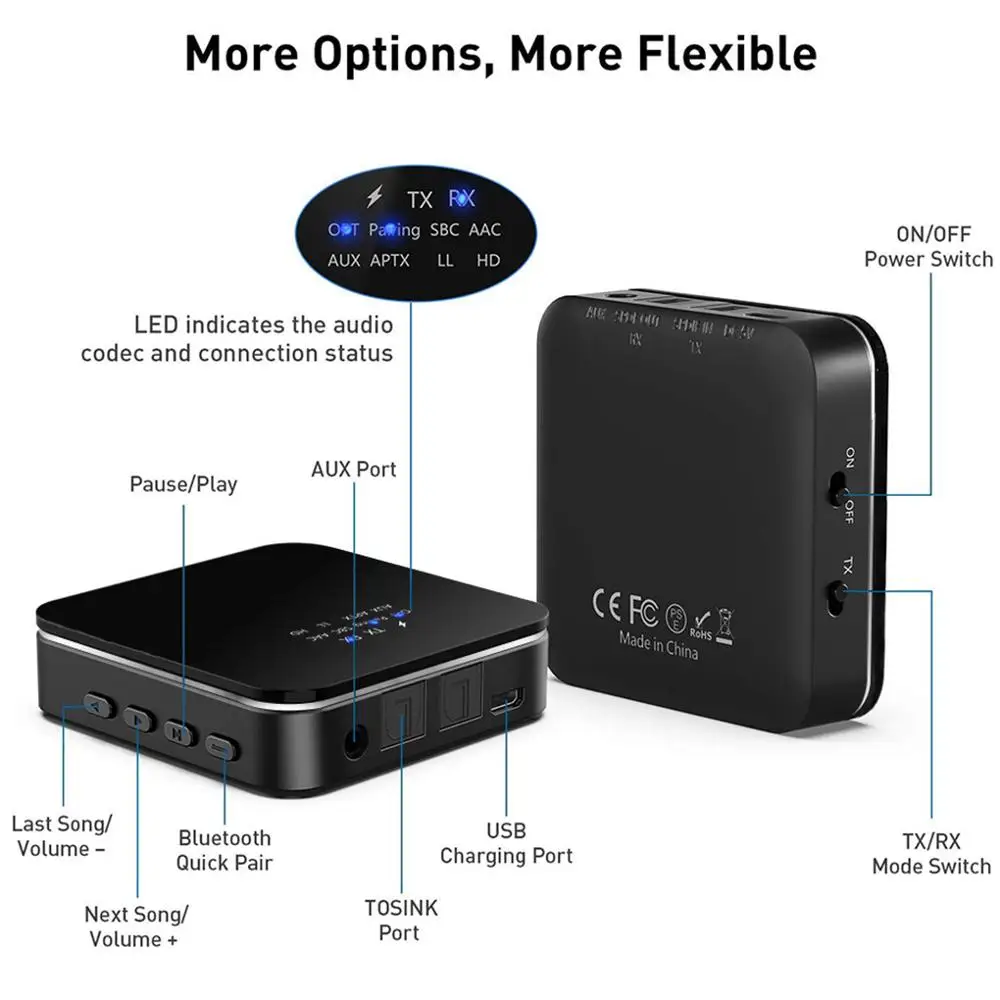 3.5mm HD Bluetooth 5.0 Audio Transmitter receiver Wireless aptx audio Auto on Adapter for tv car aptX HD LL
