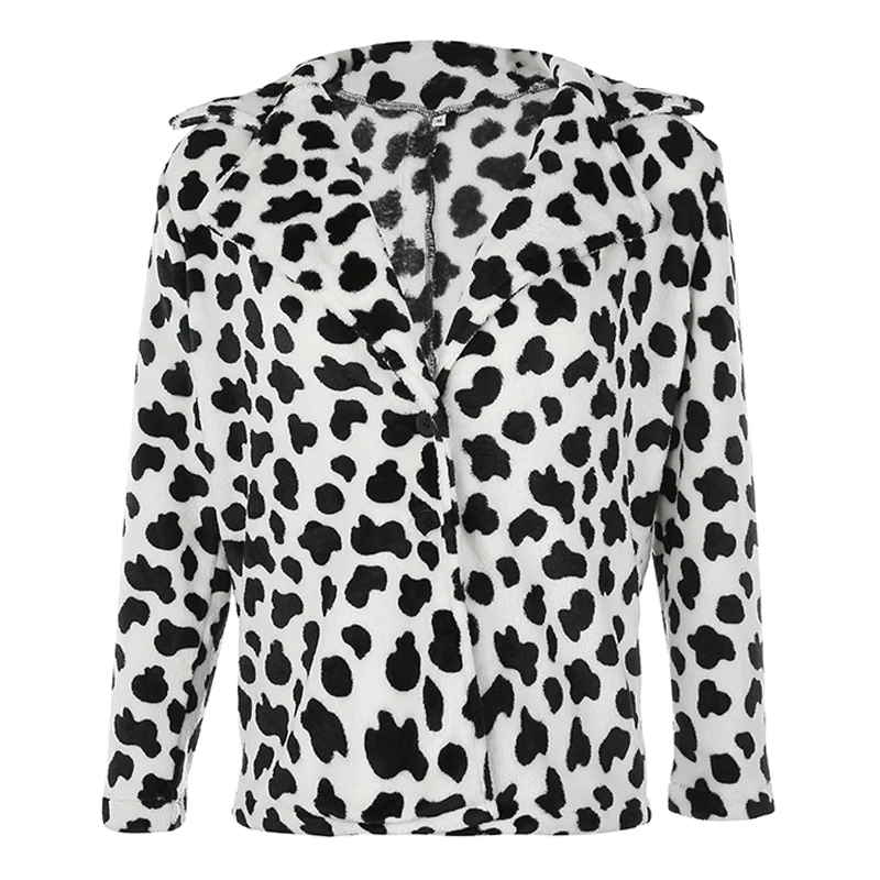 HEYounGIRL Cow Animal Printed Teddy Bear Coat Autumn Winter Fluffy Faux Fur Suit Jacket Double Breasted Overcoat Streetwear