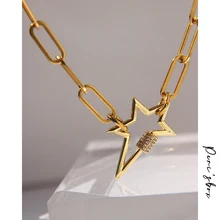 

Peri'sBox Gold Color Large Paper Clip Chain with Star Carabiner Necklace Pave CZ Stone Statement Necklaces for Women