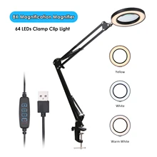 Lupa iluminada 8X de 64 LED, USB, 3 colores, lupa LED para reparación de soldaduras de hierro, lámpara de mesa, herramienta de belleza para cuidado de la piel