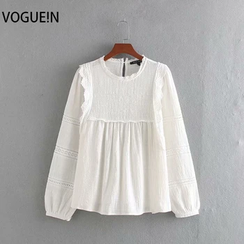

VOGUEIN New Womens White Hollow Out Lace Mixed Long Sleeve Pullover Blouse Top Shirt Wholesale