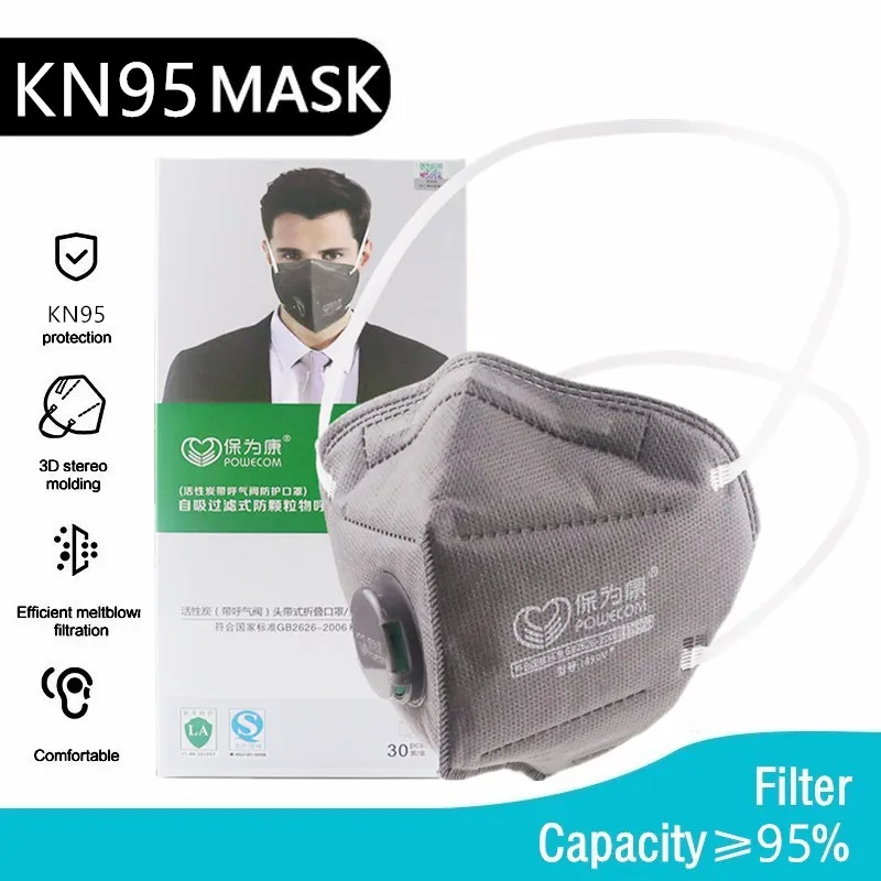 Powecom KN95 Facial Mask Activated Carbon 6 Layers Filtering Headband 1890V Breath Valve Individually Wrapped Industrial Dust