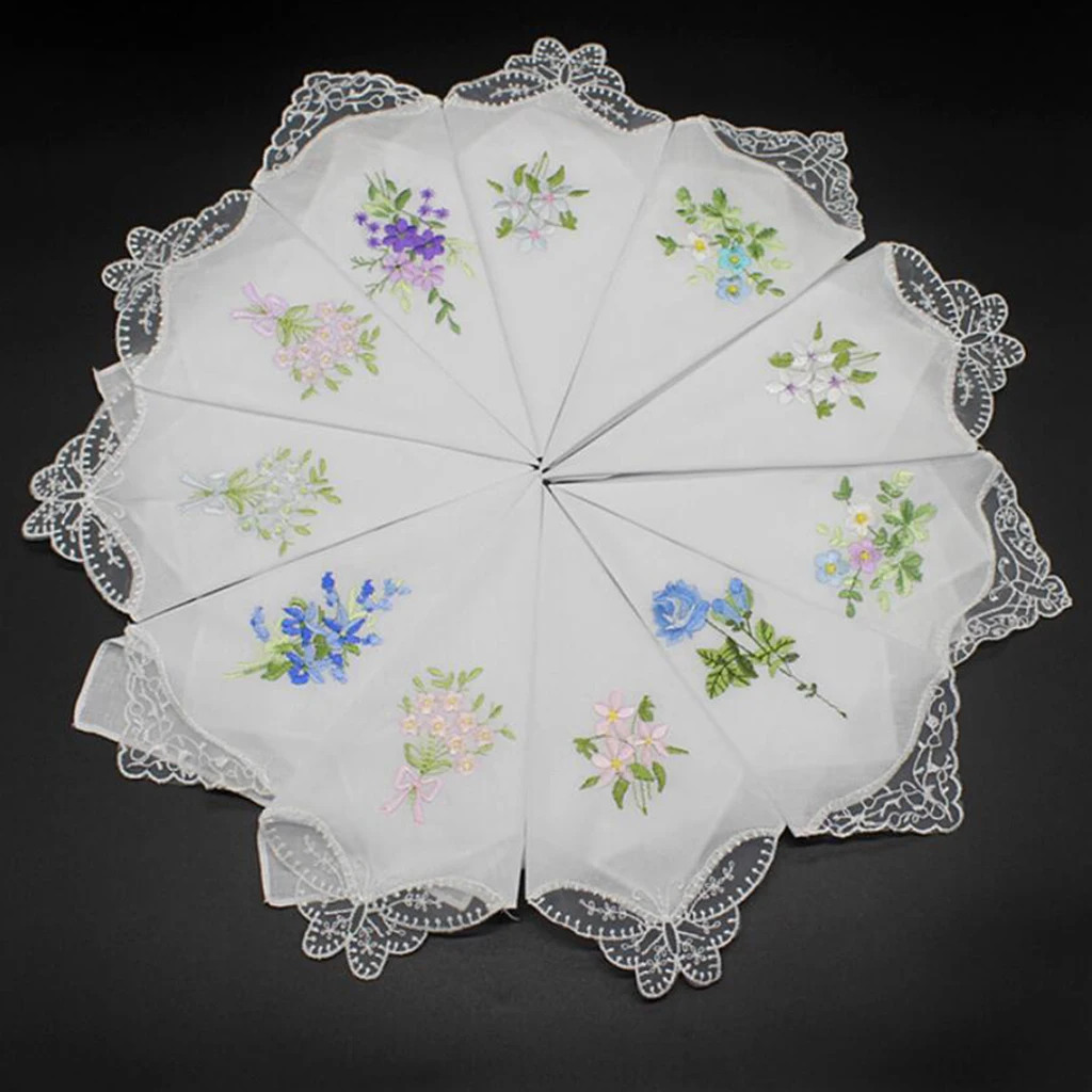 5pcs Womens 27 cm Cotton Hankies Thin Floral Embroidered Lace Handkerchief Hanky Lady White Pocket Square Scarves носовые платки