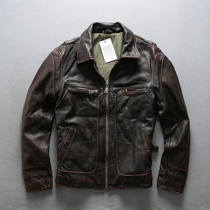 

AVIREX FLY Vintage Motorcycle Biker Slim Fit Turn down Collar Solid Genuine Leather Jacket Men Fashion Coat Male