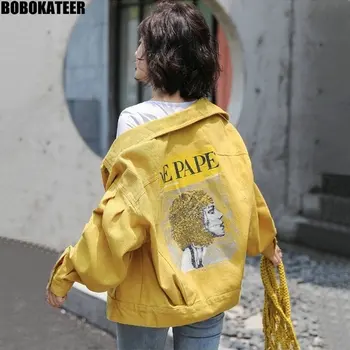 

BOBOKATEER Oversize Loose Female Jacket Women Coat Casual Print Pink Kawaii Short Woman Denim Jacket Yellow Fashion Fall 2019