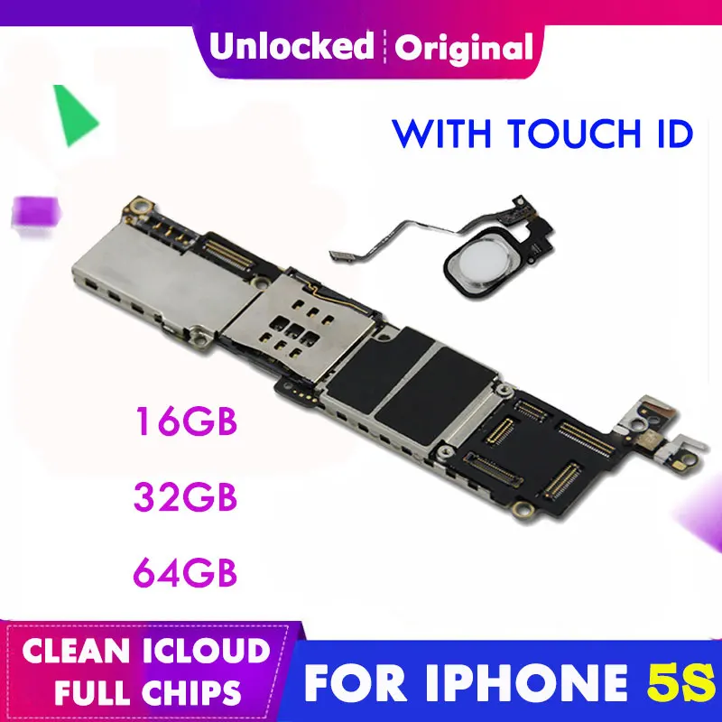 Оригинальная материнская плата для iPhone 5S, 16 ГБ, 32 ГБ, 64 ГБ, основная материнская плата iCloud, разблокировка без отпечатков пальцев, сенсорная ID, полные чипы