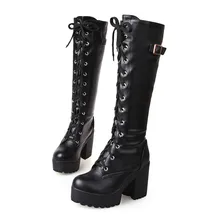 Сапоги женские пикантные туфли на высоком каблуке женские сапоги до колена на толстой платформе со шнуровкой и квадратным каблуком зимние сапоги Zapatos De Mujer; большие размеры