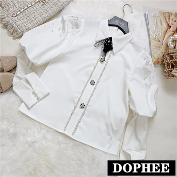 

Korean Spring Women Top Heavy Industry Bead Lapel Puff Sleeve Long Sleeve Satin Shirt Female Elegant White Blouses Tops
