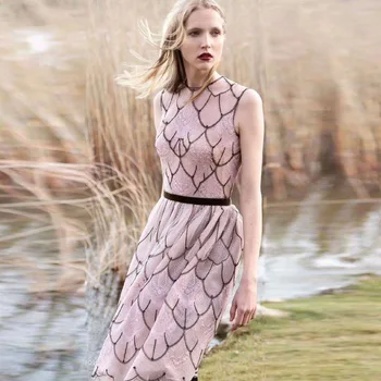 

European Long Designer Women Dress High Quality Vintage Pink Embroidery Mesh Midi Dress Woman