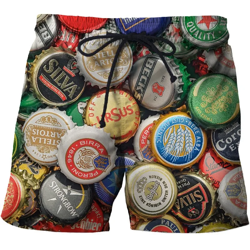 

Collection Retro Beer Bottle Caps 3D Printed Pattern Casual Beach Pants Quick Dry Summer Shorts Drawstring Elastic Waist Shorts