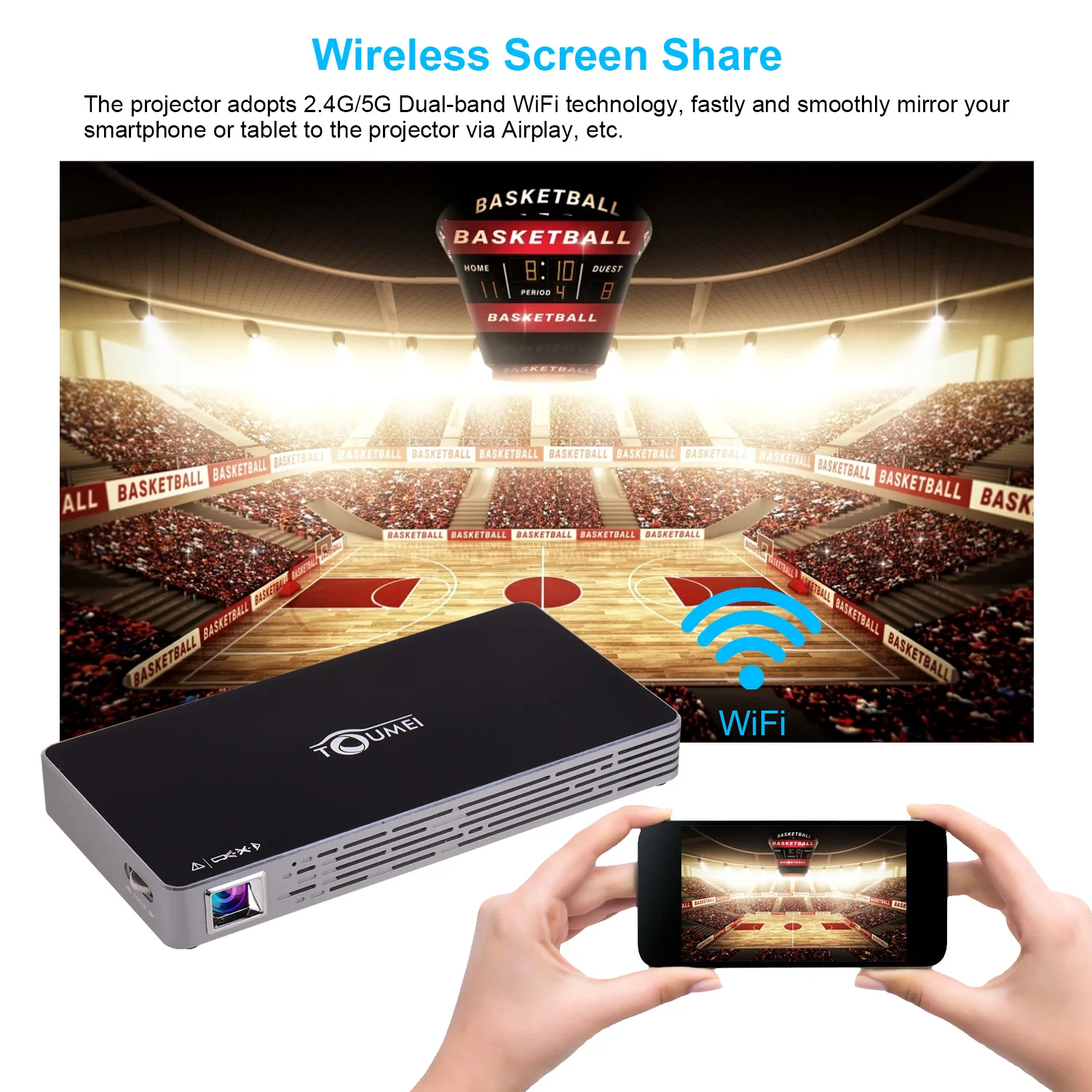 Портативный мини проектор DLP 1080P 250 ANSI 2 + 16 ГБ двухдиапазонный Wi Fi и BT домашний