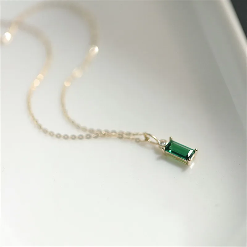 925 Sterling Silver European Simple Square Green Crystal Pendant Clavicle Chain Necklace Women Classic Plating 14k Gold Jewelry