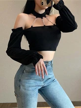  Goth Dark Punk black T-shirt blusas y2k mujer t shirts Girly Aesthetic Grunge Off Shoulder Gothic Harjauku top with Chain Choker 